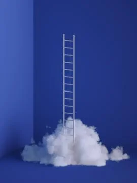 3d render of white fluffy cloud, ladder, stairs, minimal room interior. Objec Stock Illustration