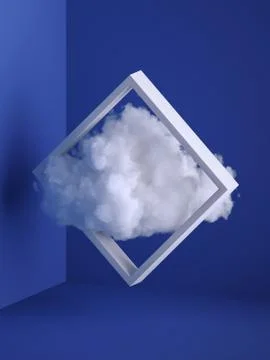 3d render, white fluffy cloud flying through the square frame. Stock Illustration