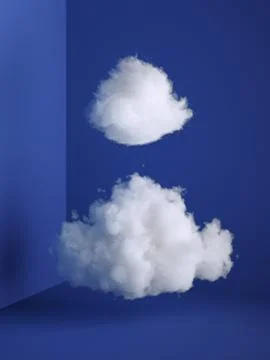 3d render, white fluffy clouds levitating inside the minimal room interior. Stock Illustration