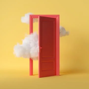 3d render, white fluffy clouds going through, flying out, open red door Illustrazione stock