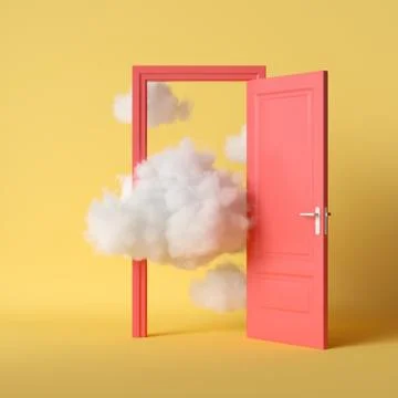3d render, white fluffy clouds going through, flying out, open red door Stock Illustration