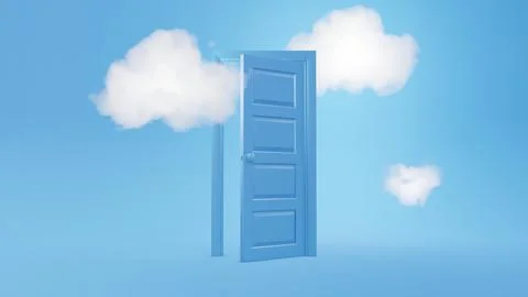 3d render, white fluffy clouds going through, flying out, open door, objects 스톡 일러스트