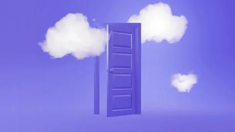 3d render, white fluffy clouds going through, flying out, open door, objects Stock Illustration