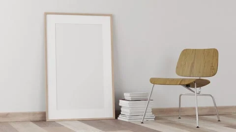 3d Render of white frames in light plaster wall and wood floor Stock Footage 293004788