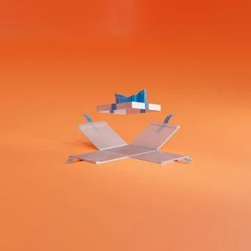 3d render of a White gift box with a blue ribbon and bow on orange studio for ad Stock Illustration