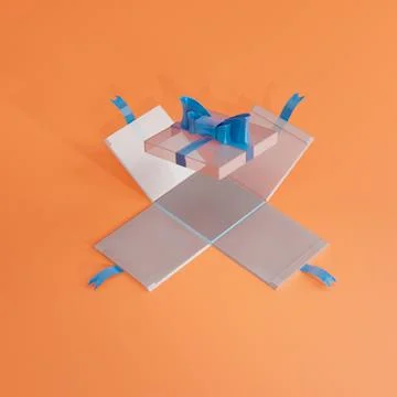 3d render of a White gift box with a blue ribbon and bow on orange studio for ad Illustrazione stock