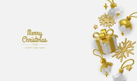 3D render of white gift box with golden ribbon, snowflakes and baubles, ideal Stock Illustration
