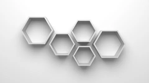 3d render white hexagonal shelves for books and things on a white background. Stock Illustration