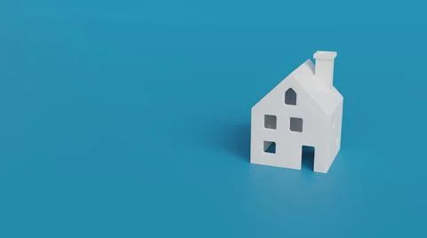 3D render of a white house model on a blue background with copy space, repr.. Stock Photos