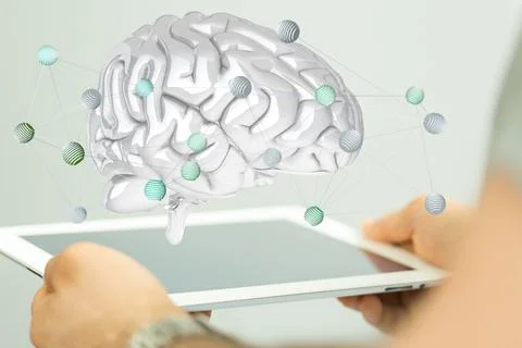 3D render of a white human brain near a tablet 스톡 일러스트