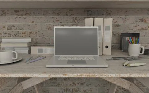 3d render of a white interior desk and bookshelf Illustrazione stock