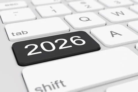 3d render of a white keyboard with a black key and the inscription 2026. Stock Illustration