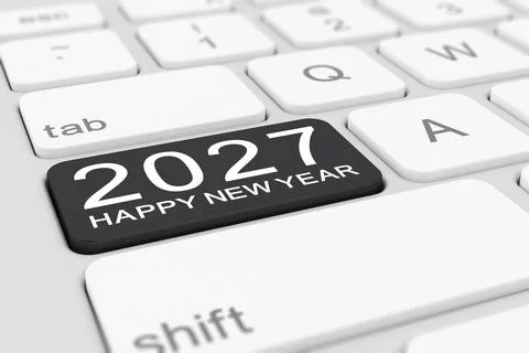 3d render of a white keyboard with a black key and the inscription 2027. Stock Illustration