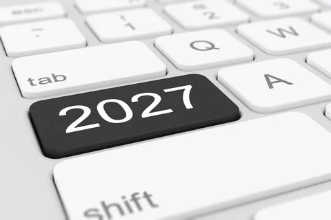 3d render of a white keyboard with a black key and the inscription 2027. Stock Illustration