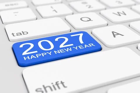 3d render of a white keyboard with a blue key and the inscription 2027. Stock Illustration