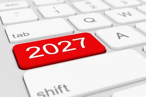 3d render of a white keyboard with a red key and the inscription 2027. Stock Illustration