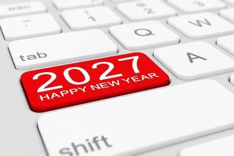 3d render of a white keyboard with a red key and the inscription 2027. Stock Illustration