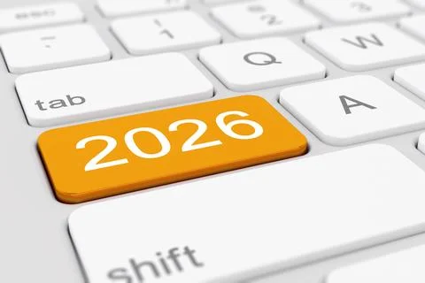 3d render of a white keyboard with a yellow key and the inscription 2026. Stock Illustration