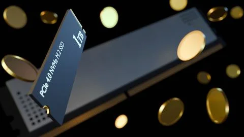 3D render of white-label DDR5 RAM and SSD components paired with gold coins Stock Illustration