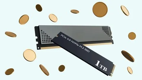 3D render of white-label DDR5 RAM and SSD components paired with gold coins Stock Illustration