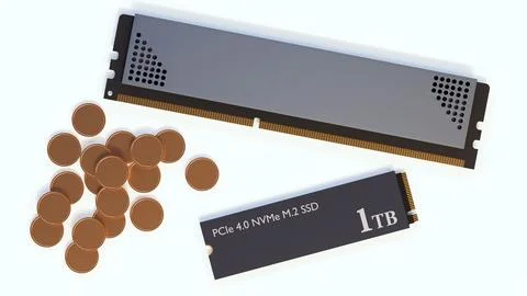 A 3D render of white-label DDR5 RAM surrounded by gold coins. Stock Illustration