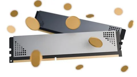 A 3D render of white-label DDR5 RAM surrounded by gold coins. Stock-Illustration
