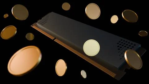 3D render of white-label DDR5 RAM and SSD components paired with gold coins Illustrazione stock