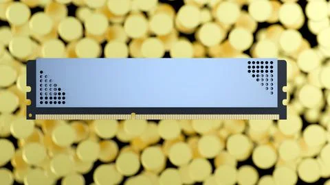 A 3D render of white-label DDR5 RAM surrounded by gold coins. Stock-Illustration