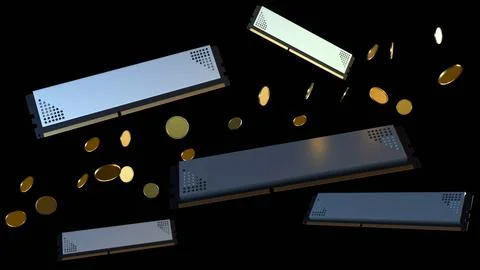 A 3D render of white-label DDR5 RAM surrounded by gold coins. Stock-Illustration