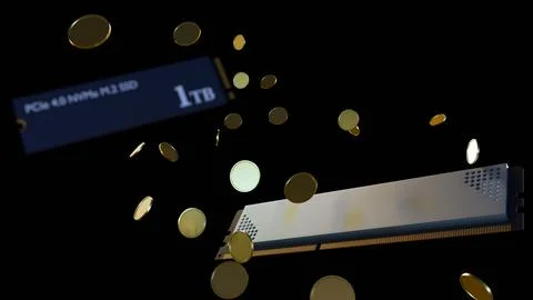 3D render of white-label DDR5 RAM and SSD components paired with gold coins Stock Illustration