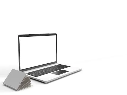 3d render of white laptop with blank screen and white open book for learning Stock Illustration