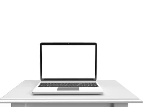 3d render of white laptop with blank screen on white table for product mockup Stock Illustration