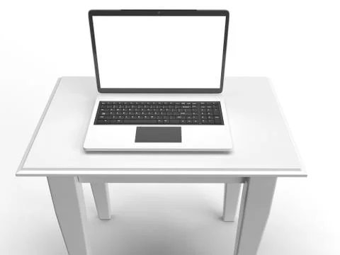 3d render of white laptop with blank screen on white table for product mockup Stock Illustration