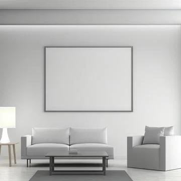3D render of a white living room with sofas and a blank frame on the wall Illustrazione stock