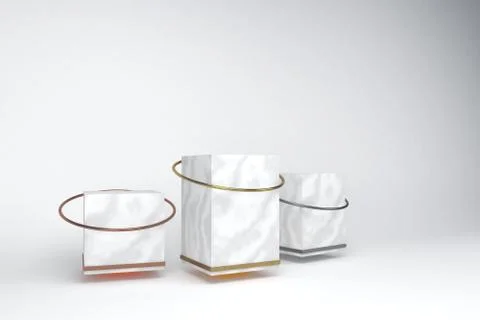 3D render of white marble podium on white background. Accents of gold, silver an Ilustración de archivo