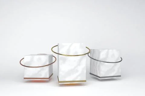 3D render of white marble podium on white background. Accents of gold, silver an Ilustración de archivo