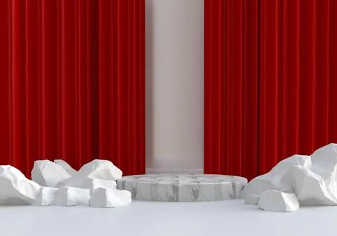 3d render white marble podium on red curtain background for premium product Stock Illustration