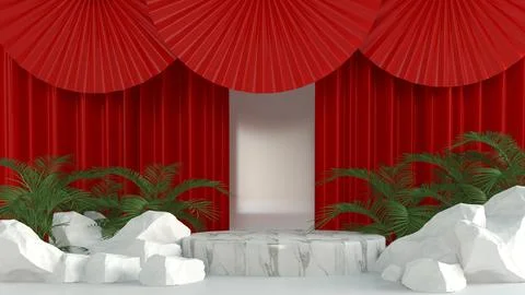 3d render white marble podium on red curtain background for premium product Stock Illustration