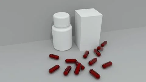 3D Render White Medicine Bottle and Red Capsules Mockup Stock Illustration