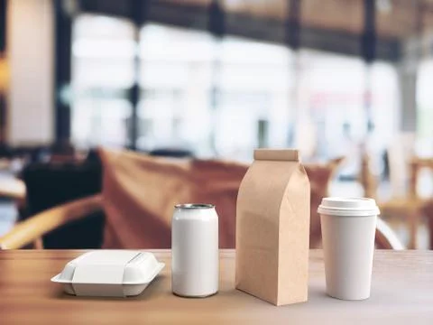 3d render of white mockup of a takeout lunch box, beverage can, paper coffee bag Stock-Illustration