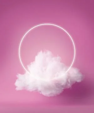 3d render, white neon ring above fluffy cloud levitating inside the studio. Stock Illustration