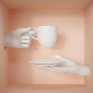 3d render, white objects inside peachy box. Hands holding porcelain cup Stock Illustration