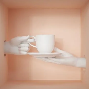 3d render, white objects inside peachy box. Hands holding porcelain cup Stock Illustration