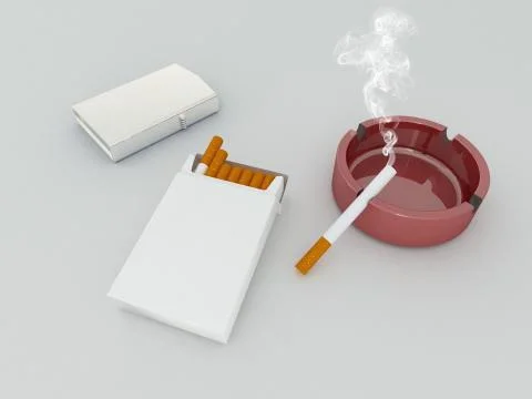 3D render of a white pack of cigarettes, silver lighter and red glass ashtray Stock Illustration