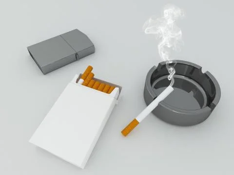 3D render of a white pack of cigarettes, silver lighter and black glass ashtray Stock Illustration