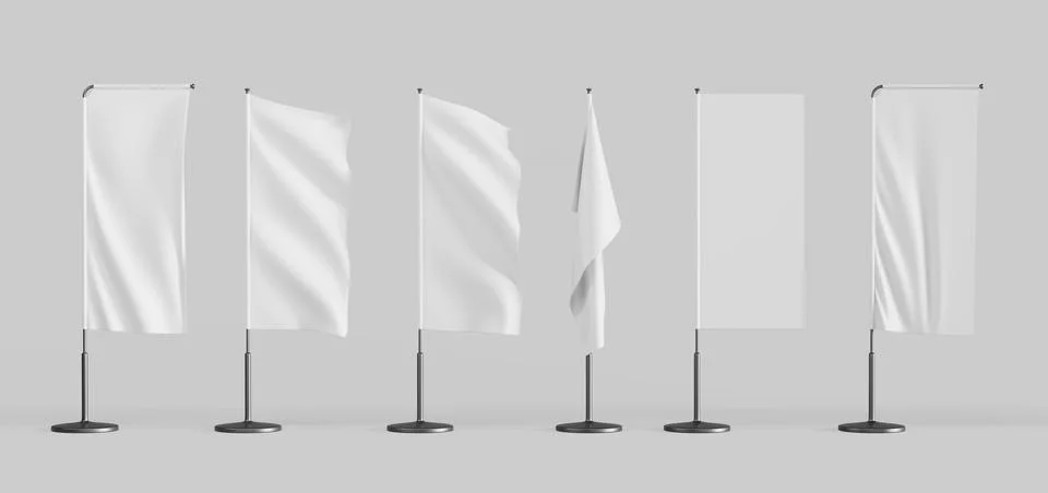 3d render white pennant blank wave flag mockup. Realistic set of fabric Stock Illustration