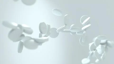3D render of white pharmaceutical tablets in free fall, dynamically suspend.. Stock Illustration