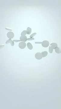3D render of white pharmaceutical tablets falling in mid-air against a soft.. Stock Illustration
