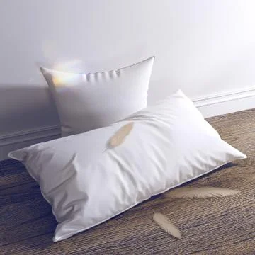 3d render White pillows and feathers are on the wooden floor. Stock Illustration