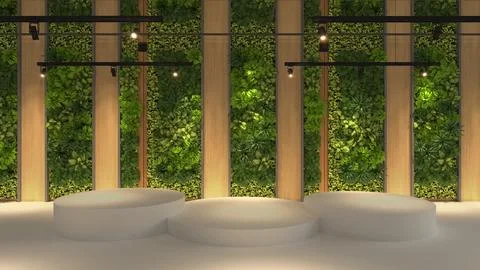 3D render white podium and green leaf background for beautiful nature premi.. Stock Illustration